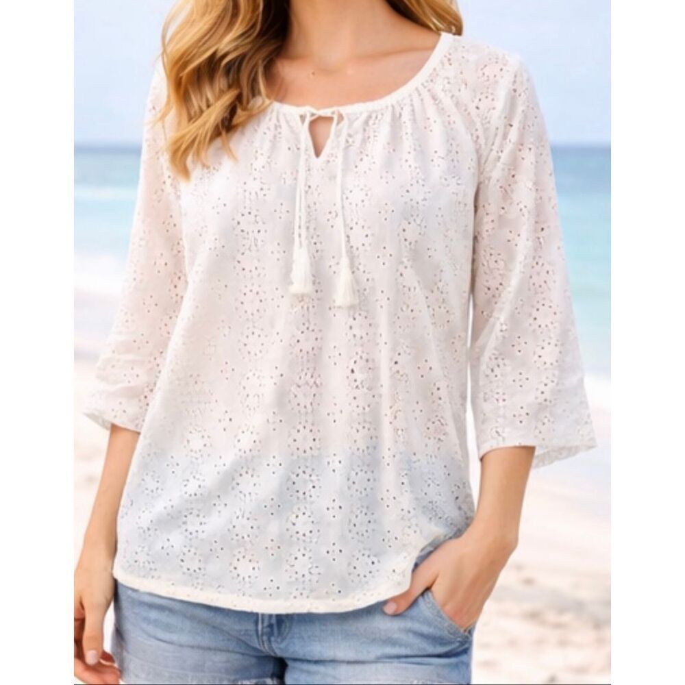 J.jill white eyelet tassel tie blouse size lp